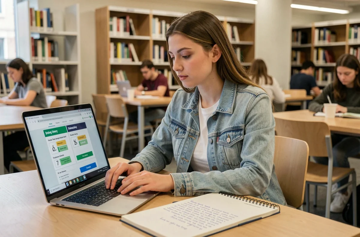 Étudiante s'entraînant aux questions de code de la route 2026 sur ordinateur portable en bibliothèque