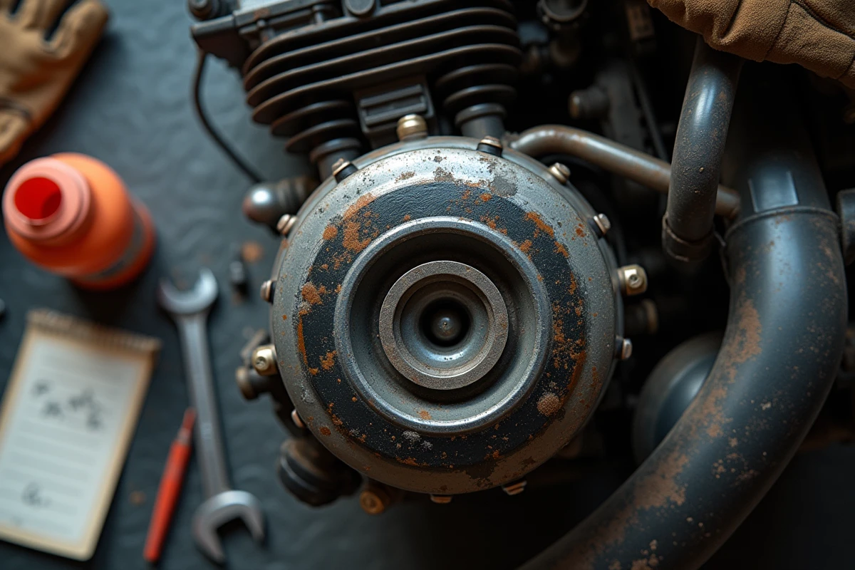 Entretien d'un moteur de moto 50cc avec outils de mécanique, carnet de maintenance et flacon d'huile posés sur un établi de garage