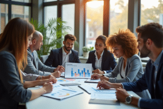 Groupe de professionnels d'affaires dans un bureau moderne analysant des brochures