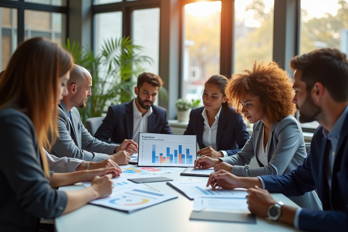 Groupe de professionnels d'affaires dans un bureau moderne analysant des brochures