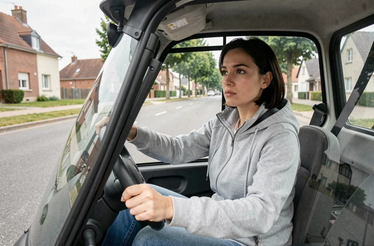Jeune femme testant une voiture sans permis d'occasion lors d'un essai en ville