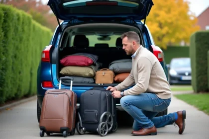 Homme chargé de valises dans le coffre d'une Peugeot 3008