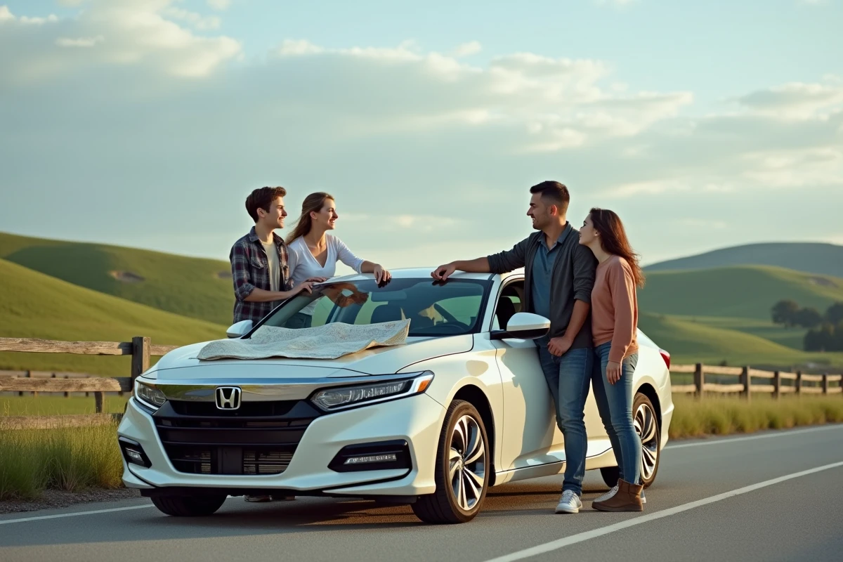 Famille en voyage sur la route avec une berline familiale fiable lors d'une étape