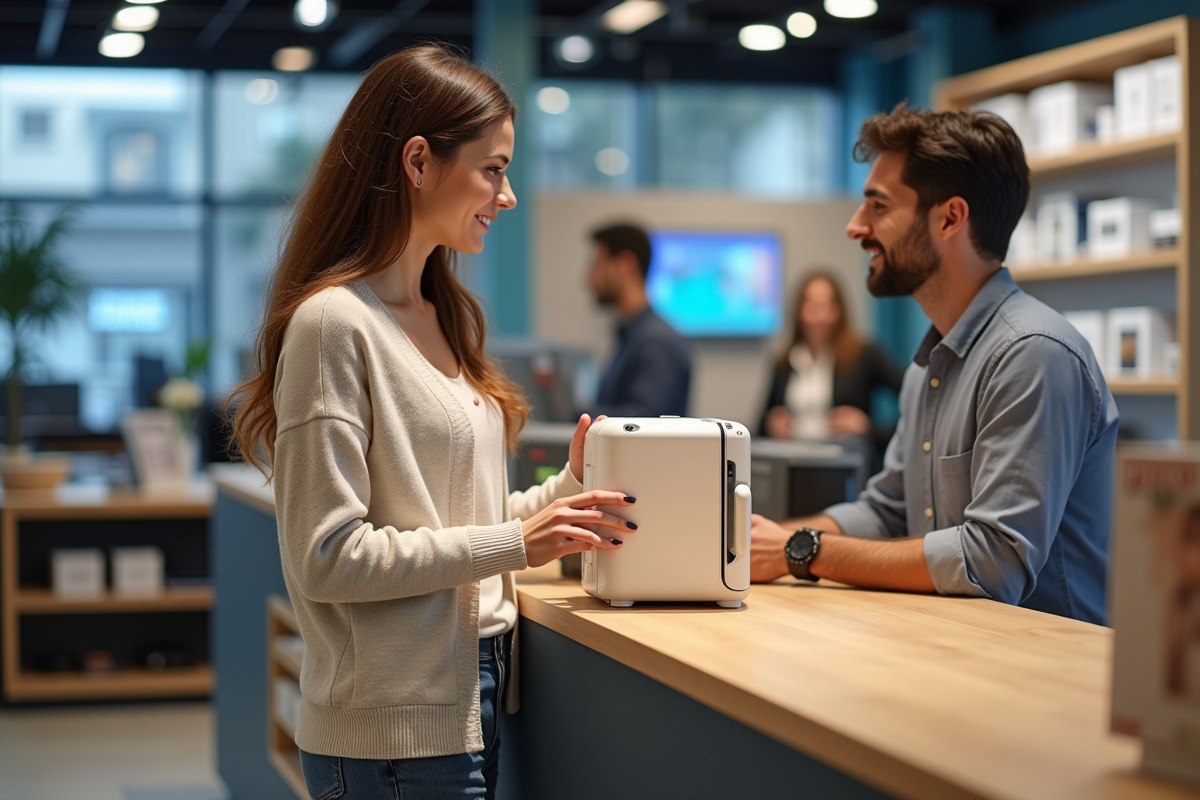 Jeune femme parlant avec un vendeur dans un magasin d