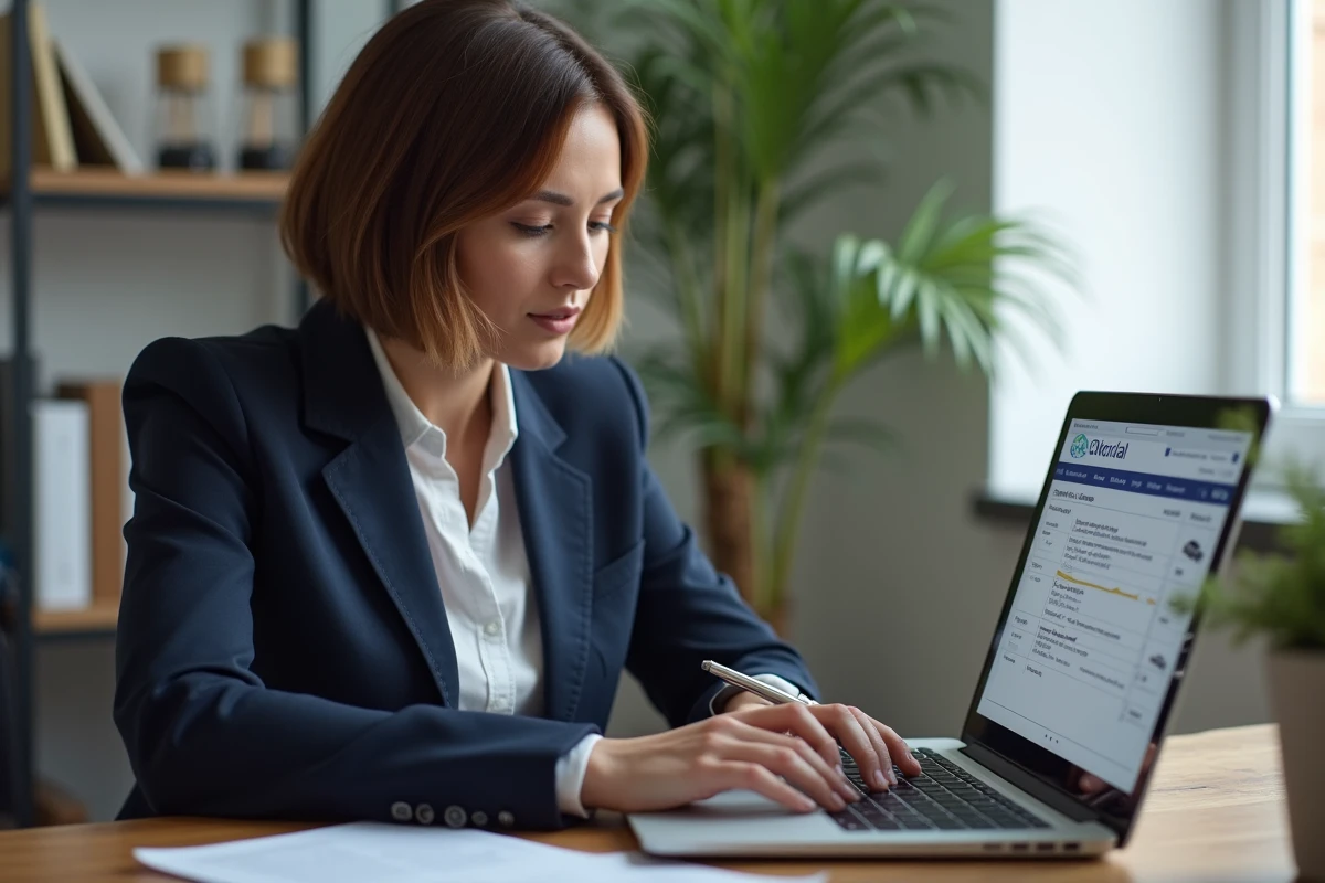 Femme analysant un rapport d'historique de véhicule CarVertical sur ordinateur portable dans un bureau à domicile