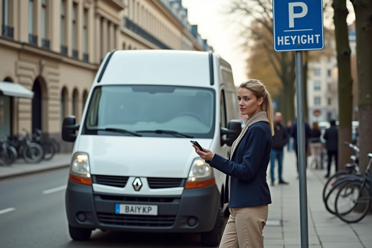 Femme consultant une application de stationnement à côté d'un grand van Trafic H2 en stationnement urbain