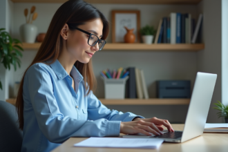 Femme en bureau moderne remplissant un formulaire en ligne avec une carte grise