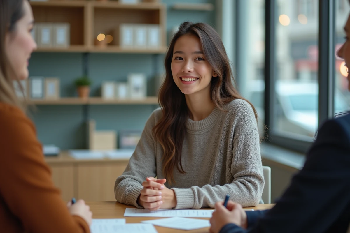 Jeune femme au bureau discutant avec client
