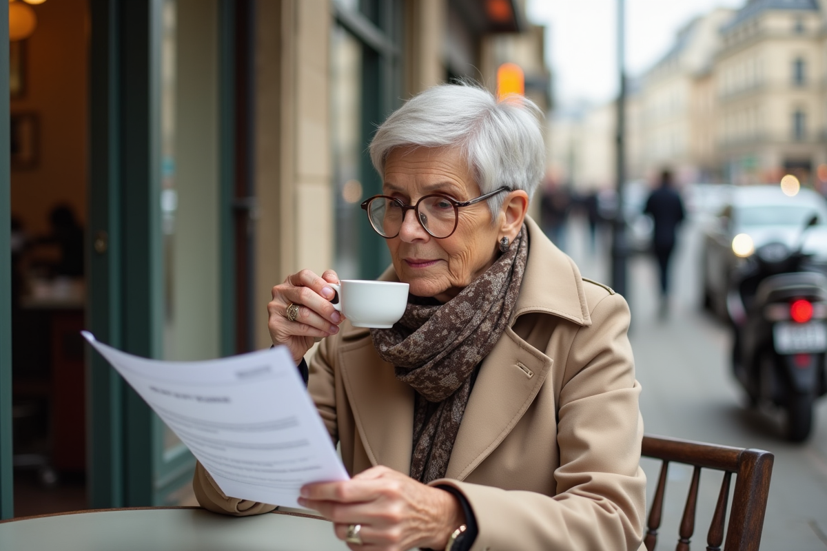 Femme âgée avec scooter dans un café parisien