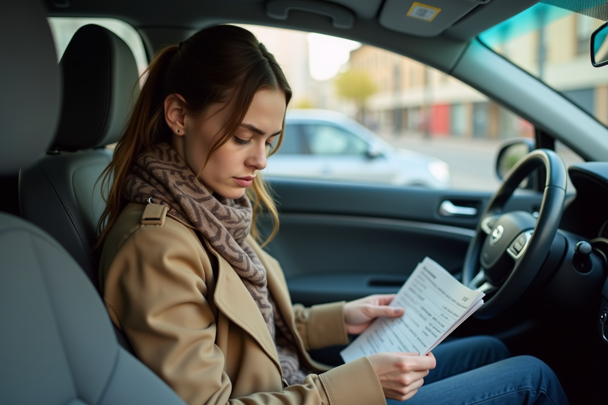 Jeune femme lisant une contravention dans sa voiture en ville