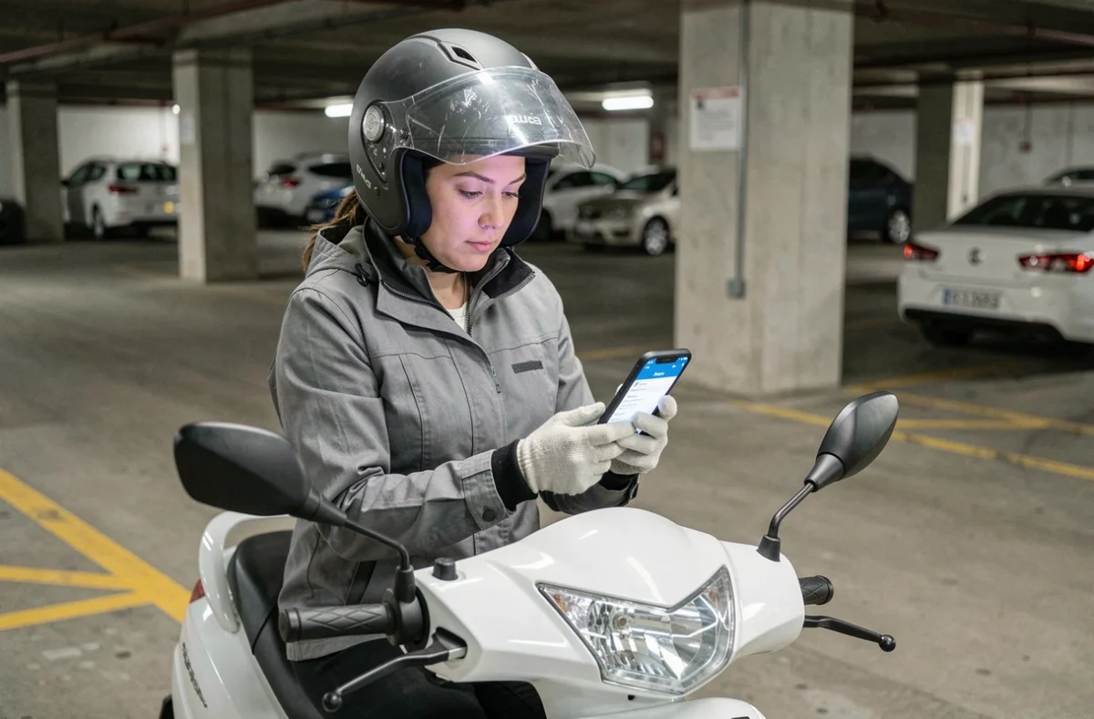 Femme comparant des assurances scooter 125 sur smartphone dans un parking souterrain