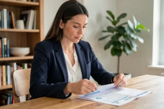 Femme comparant des contrats d'assurance auto à la maison pour changer d'assureur sans mauvaise surprise
