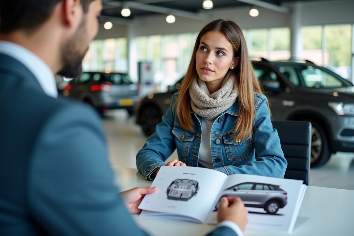 Jeune femme posant des questions à un conseiller automobile