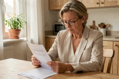 Femme vérifiant un contrat d'assurance pour voiture sans permis à la maison