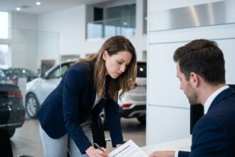 Femme examinant un contrat de leasing automobile avec un conseiller dans une concession moderne