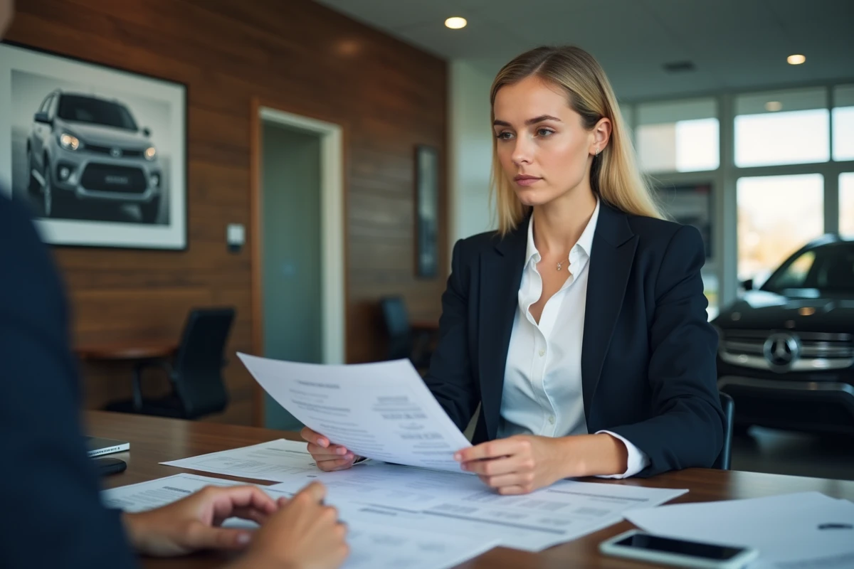 Femme confiante analysant un contrat de voiture en agence