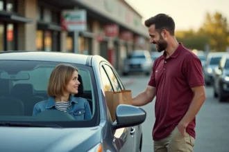 Jeune femme recevant ses courses dans une voiture au drive
