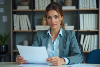 Femme en bureau administratif français vérifiant un formulaire de permis