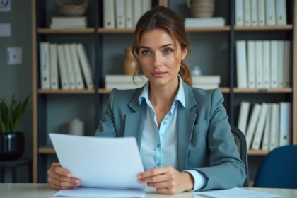 Femme en bureau administratif français vérifiant un formulaire de permis