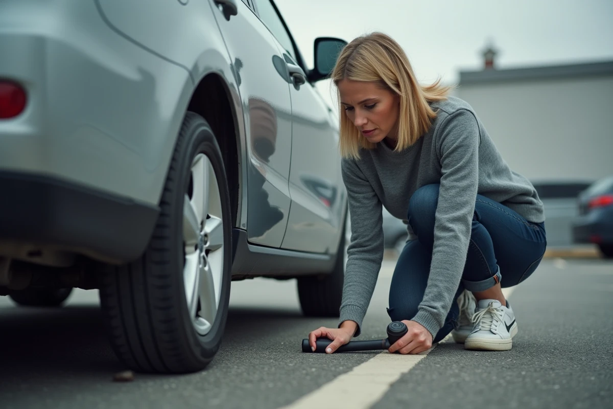 Femme utilisant un détecteur de traceur GPS sous une voiture dans un parking pour vérifier la présence d'un mouchard