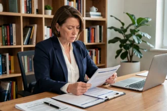 Femme consultant des documents d'assurance automobile après un accident non responsable à son bureau