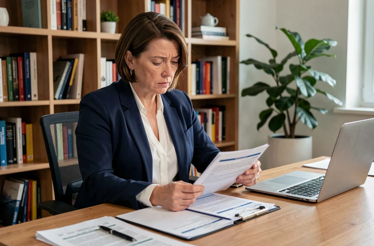 Femme consultant des documents d'assurance automobile après un accident non responsable à son bureau