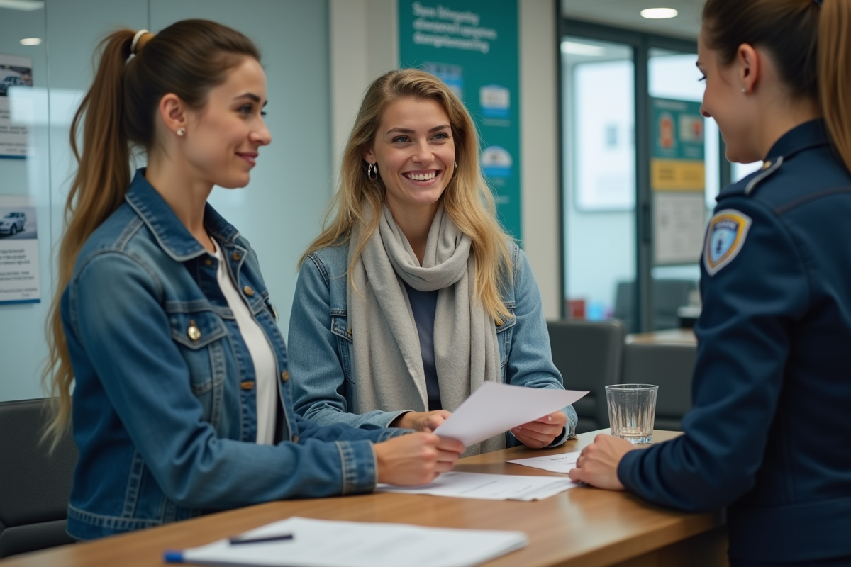 Femme remet des papiers à un agent dans un bureau officiel
