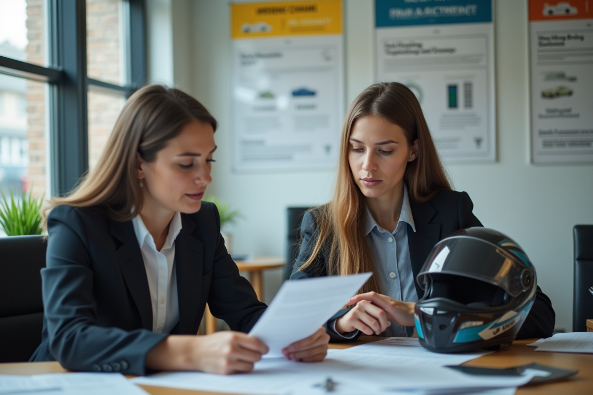 Femme examine un dossier avec un agent dans un bureau