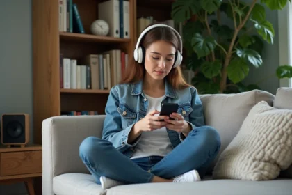 Femme en denim et headphones dans un salon cosy