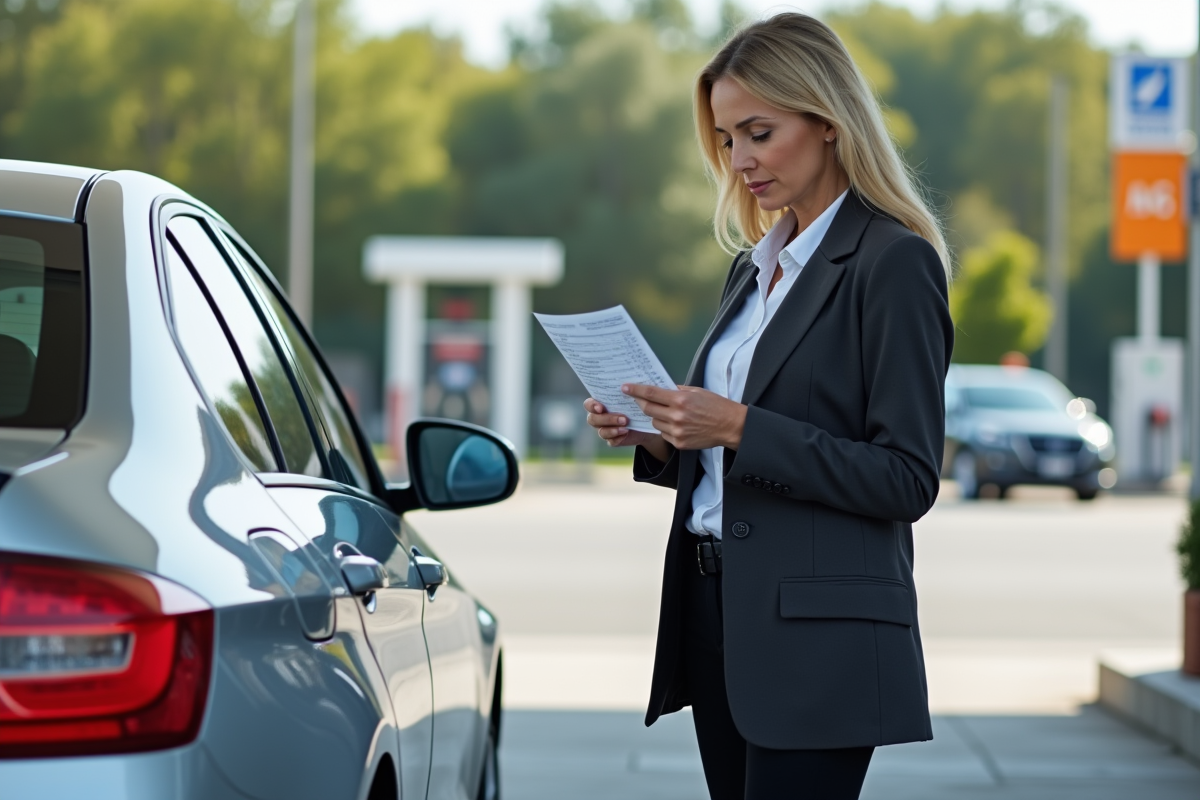 Femme d affaires vérifiant sa facture à la pompe essence