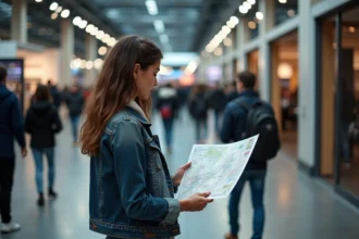 Femme étudie plan d'exposition moto à Milan
