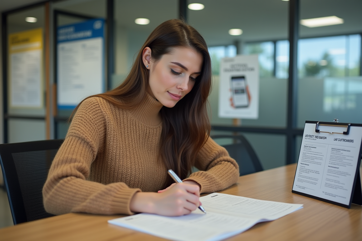 Jeune femme remplissant des papiers dans un bureau français