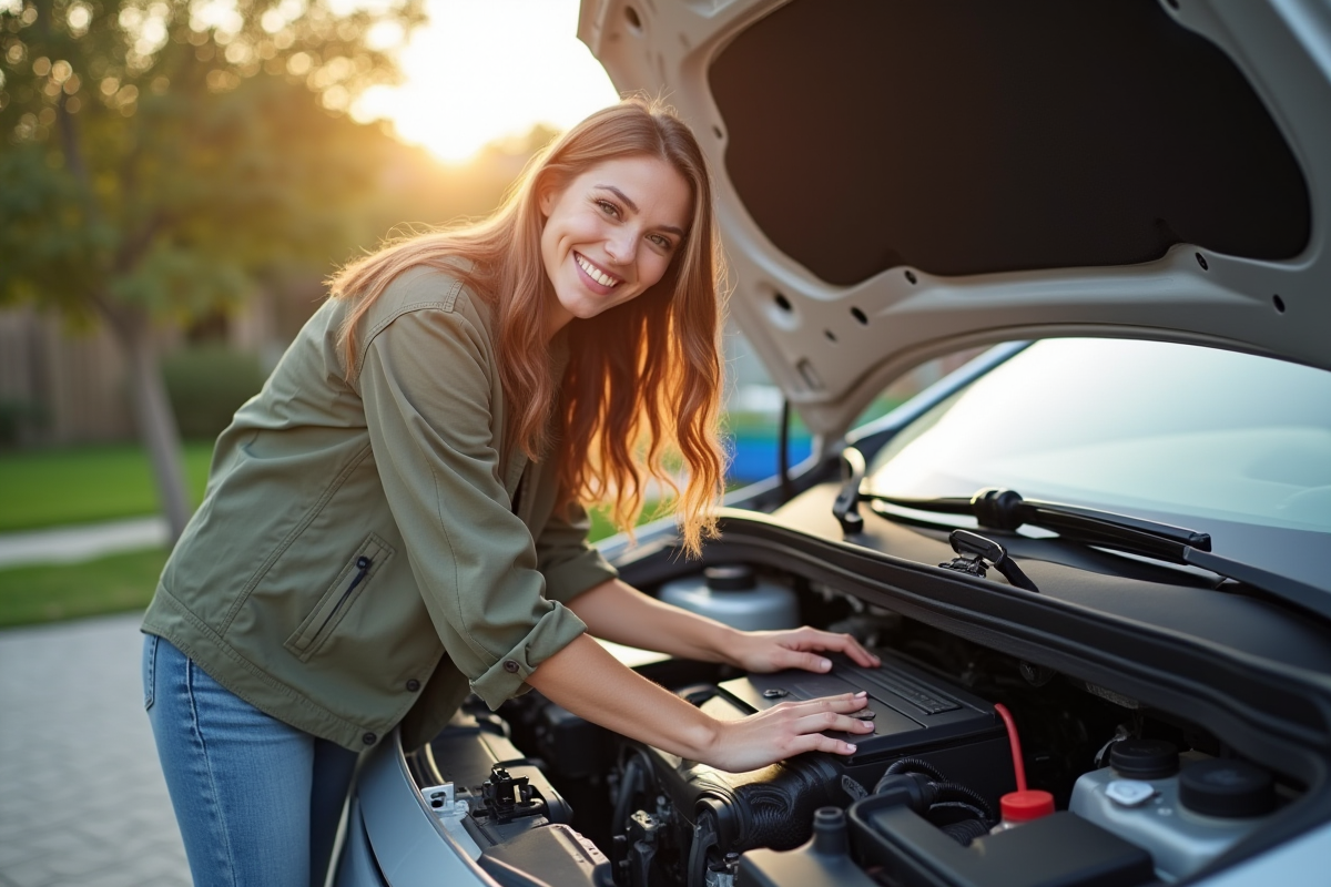 Femme souriante installant une nouvelle batterie sous le capot