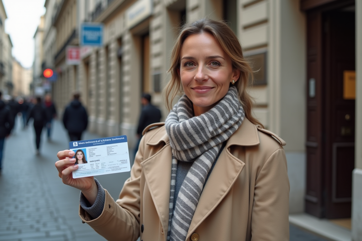 Femme souriante avec permis de conduire devant la préfecture
