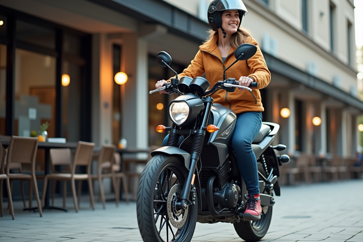 Femme rider souriante à moto dans un café urbain