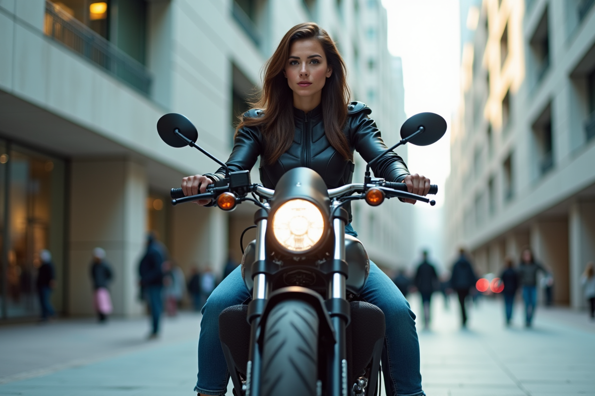Femme en jeans et veste de protection sur une moto en ville dynamique