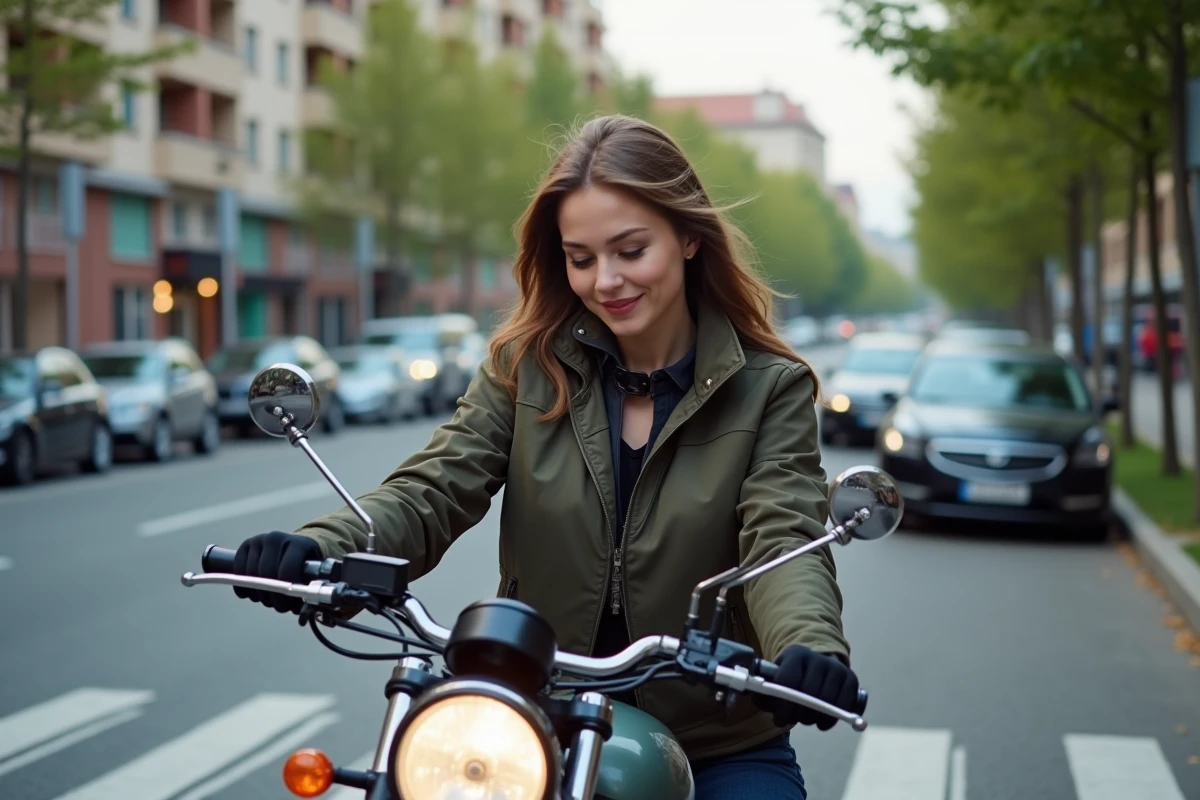 Femme en moto sur un boulevard urbain regardant son téléphone
