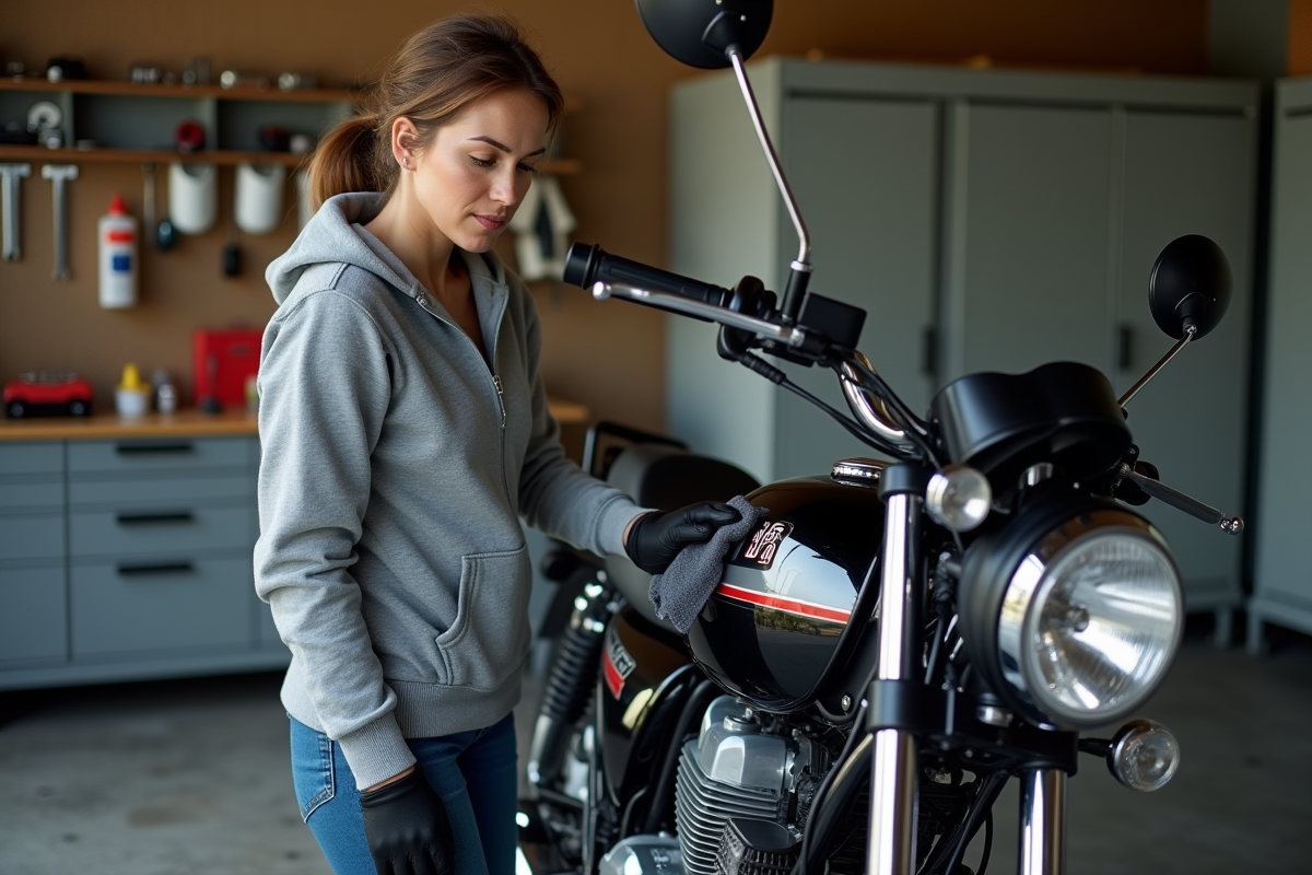 Femme nettoyant une moto Avengers 125cc dans un garage organisé