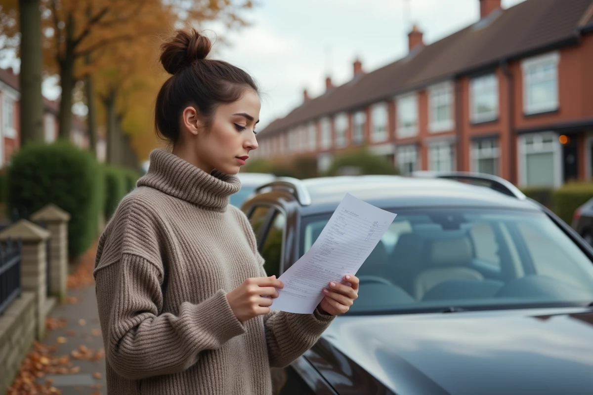 Femme vérifie documents de voiture dans un quartier résidentiel