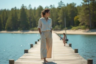 Femme debout sur un ponton en bois face à l'Atlantique dans les Landes, entourée de pins, incarnant le mode de vie landais