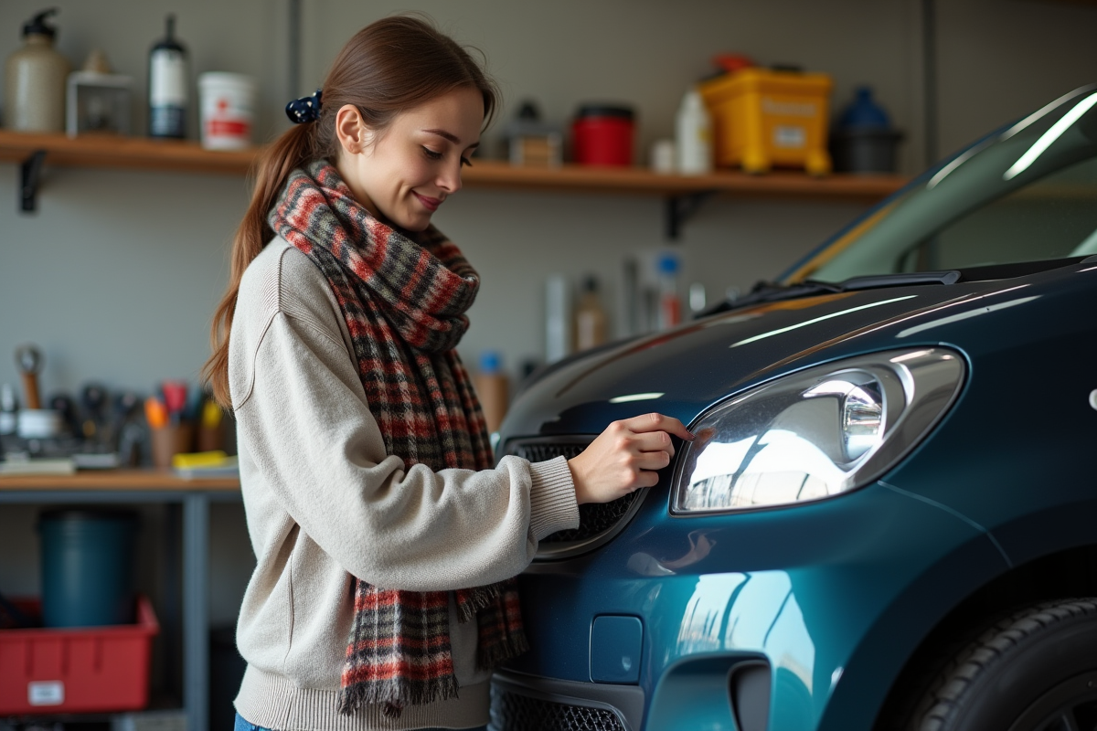 Jeune femme fixant une plaque sur sa voiture dans un garage