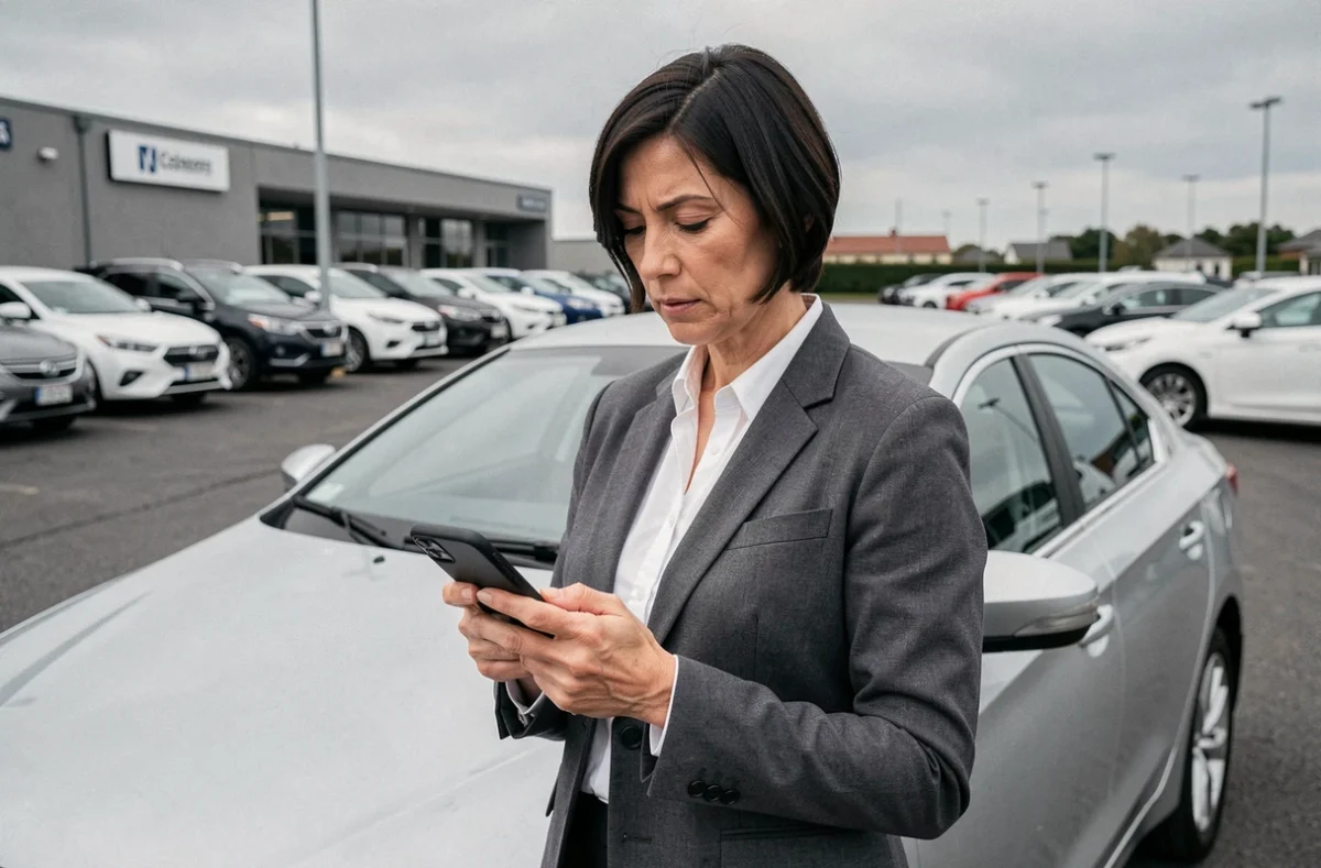 Femme professionnelle évaluant des annonces automobiles pro sur smartphone dans un parking de concessionnaire