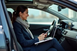 Jeune femme professionnelle dans une voiture moderne utilisant un ordinateur portable