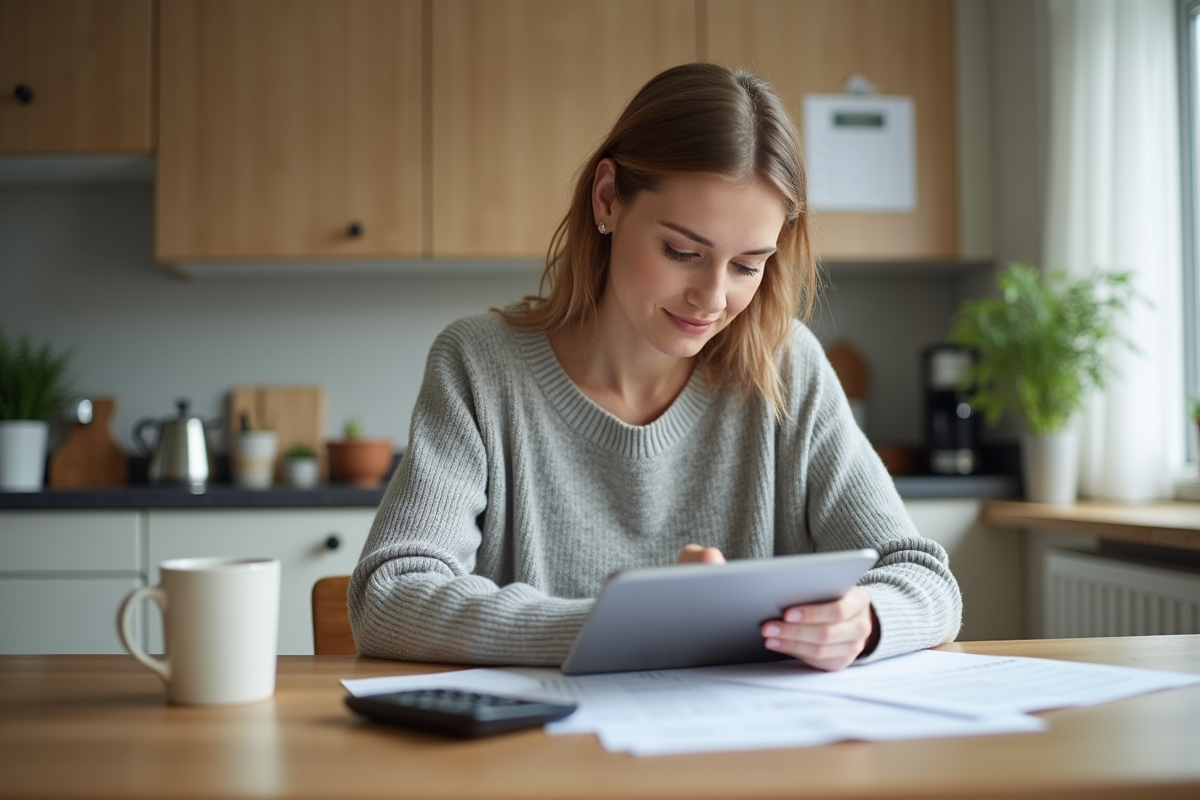 Jeune femme vérifiant ses impots à la maison