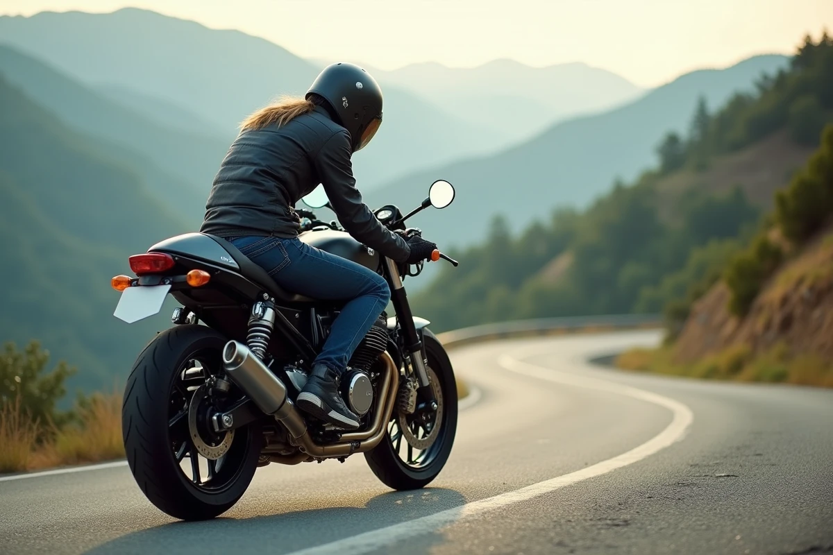 Femme ajustant les amortisseurs de sa moto sur route de montagne