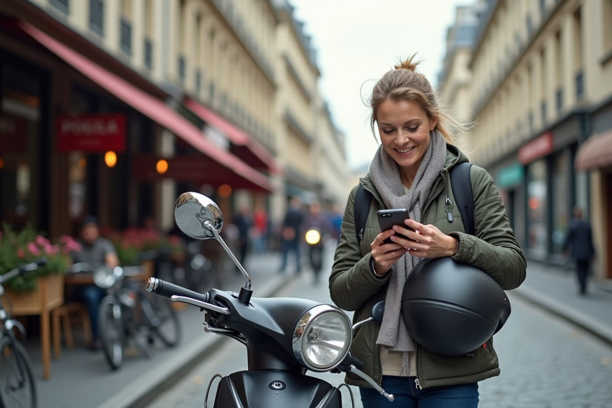 Femme consultante avec scooter 125cc dans une rue parisienne