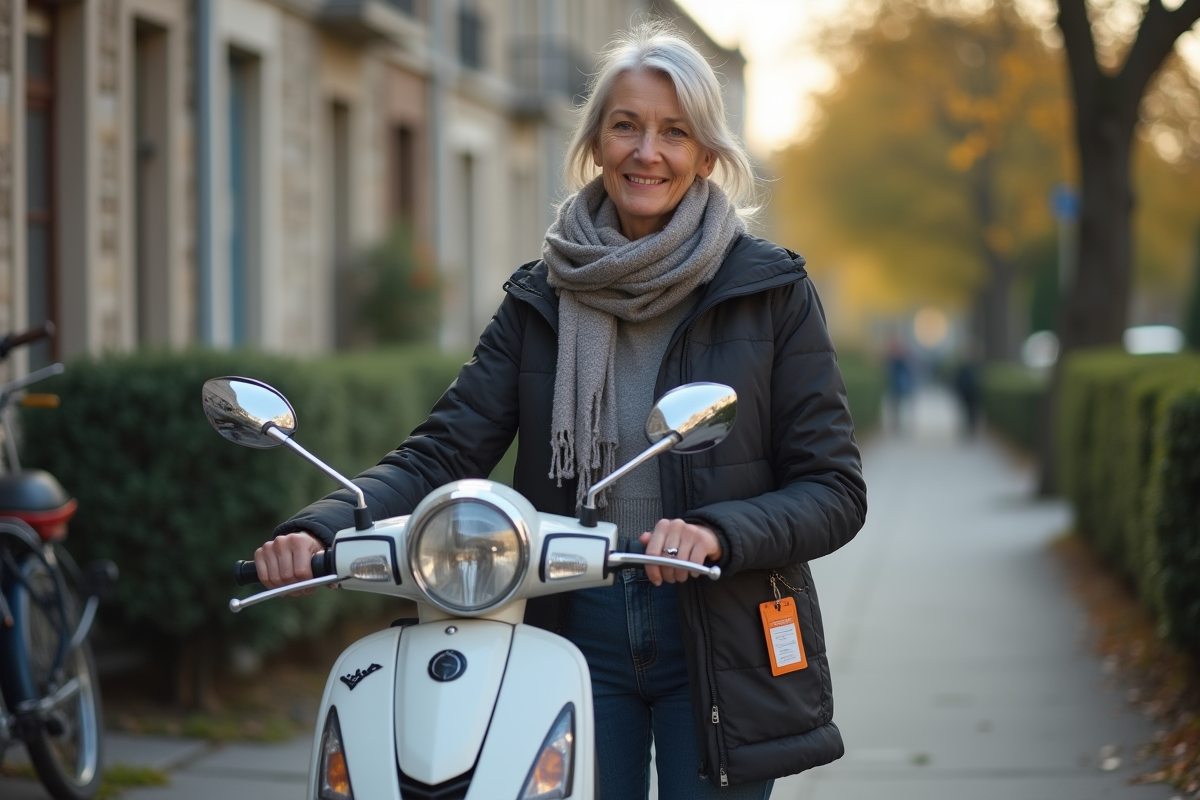 Femme déverrouillant son scooter dans un quartier résidentiel