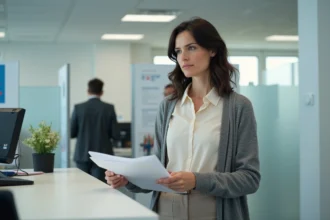 Femme à un bureau administratif français avec documents