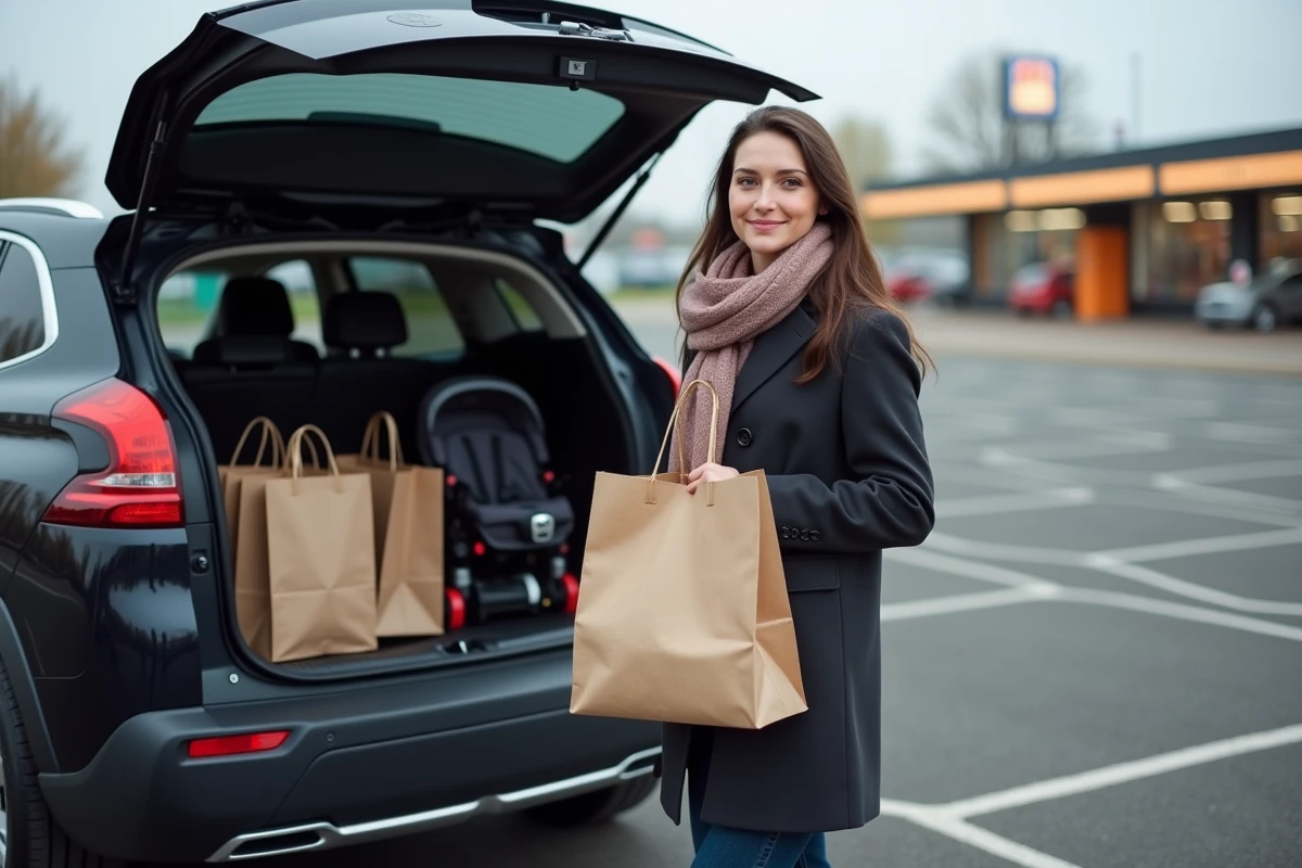 Femme vérifiant le coffre de sa Peugeot 3008 au supermarché