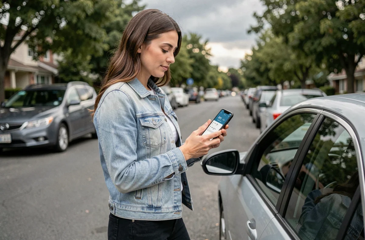 Femme tenant un smartphone affichant une application de conversion de vitesse miles par heure en km/h près d'une voiture
